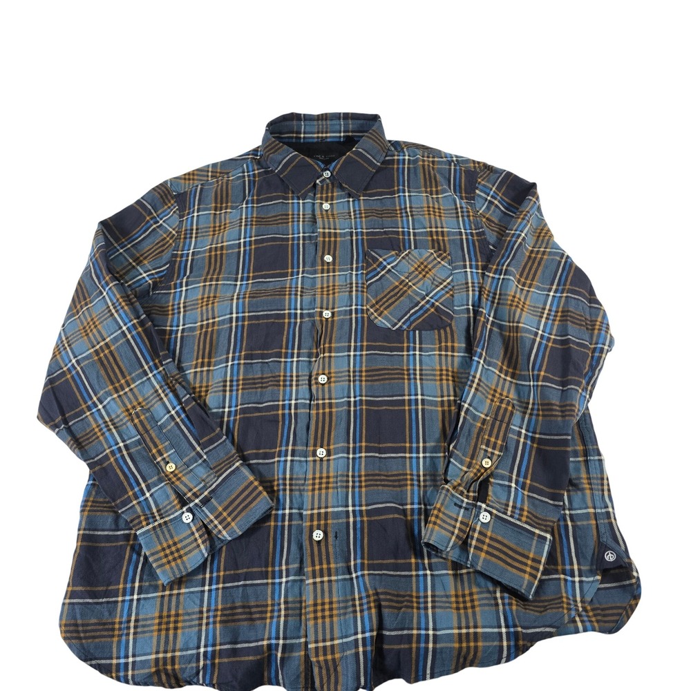 Rag & Bone Fit 3 Mens XL Blue Ochre Plaid Long Sleeve Button Down Shirt Cotton